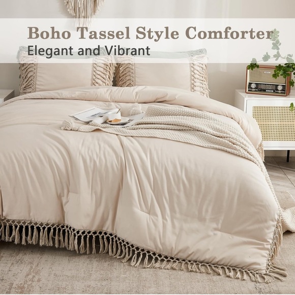 Beige tassel fringe comforter set queen full king 3 pcs boho bohemian - Picture 3 of 8